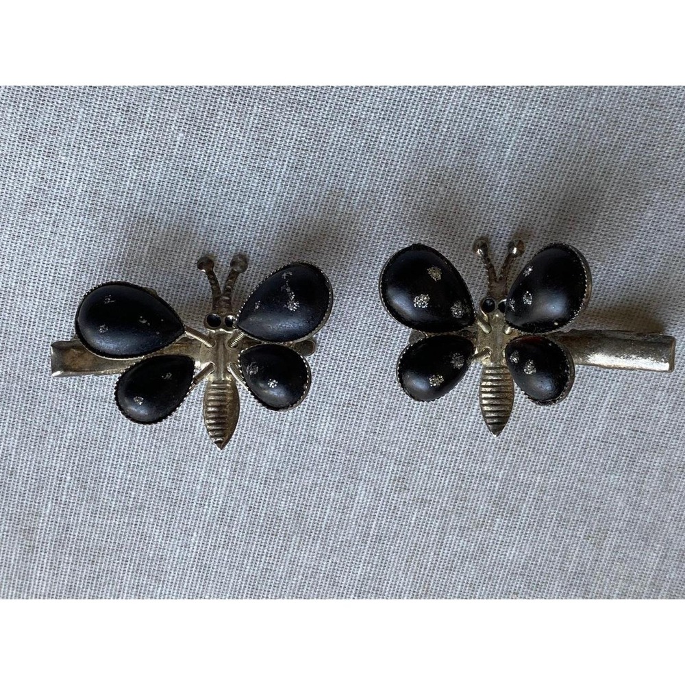 Vintage Hair Clips Metal Butterfly Black Glitter Wing Barrettes 2